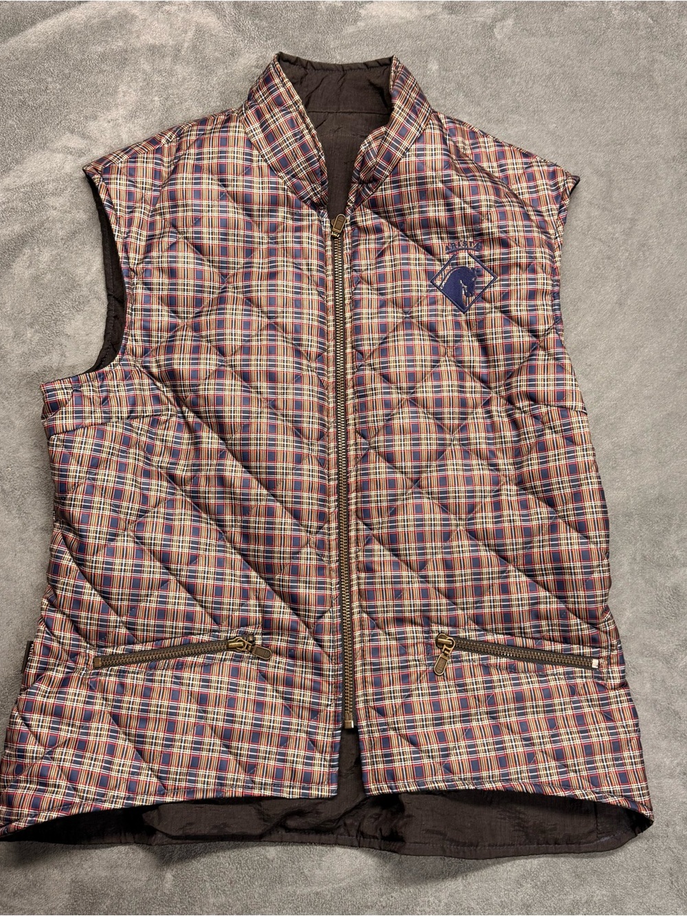 Arista Equestrian Plaid Quilted Sleeveless Vest - Navy & Tan Plaid